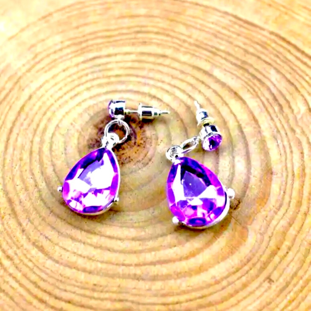 Purple & Silver Rhinestone Teardrop Necklace Earring Set - Picture 3 of 4
